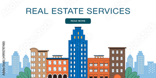 City skyline real estate services read more button colorful modern vector