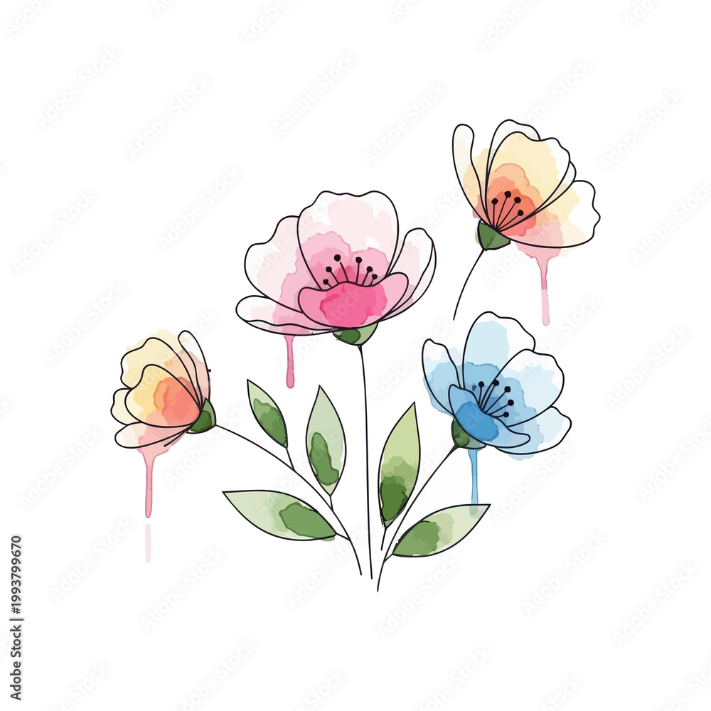 Fototapeta premium A colorful illustration of flowers in pastel shades on a white background