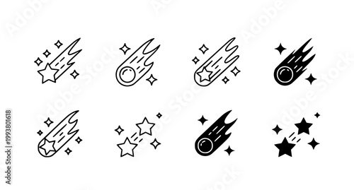 Set of black linear shooting star icons representing astronomical phenomena and cosmic trails for space and science web design projects and mobile app user interfaces
