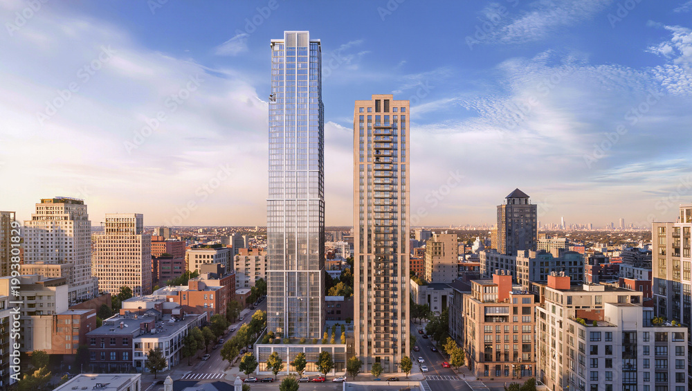 Obraz premium Modern City Skyline with Tall Residential Towers at Sunset Hour