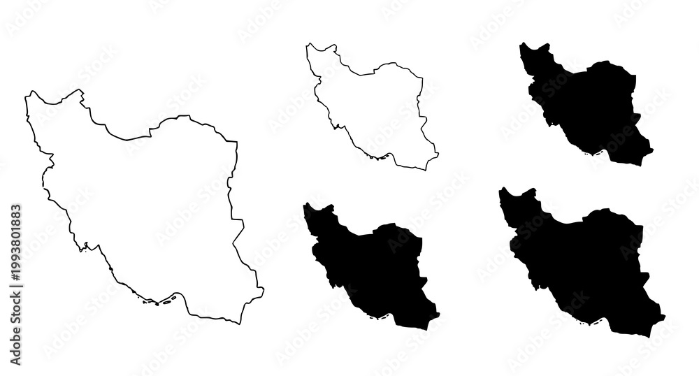 Fototapeta premium Set of Iran map shapes with detailed boundaries in both outline and solid black silhouette formats for professional cartography and geographical educational design assets