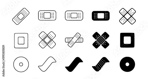 Set of medical adhesive bandage icons in various shapes and styles for first aid and wound care branding design projects isolated on white background flat vector