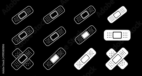 Set of white medical bandage icons on black background for minimalist healthcare design projects featuring various adhesive strip shapes and styles flat vector
