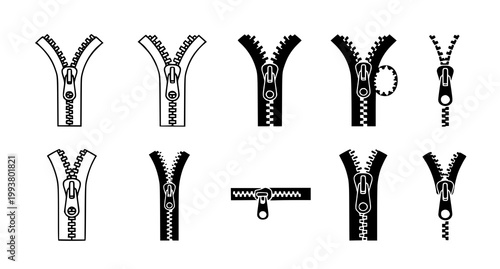 Collection of detailed clothing zipper icons and fasteners in various configurations for textile and fashion design projects isolated on white background flat vector