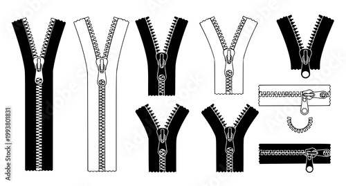 Set of clothing zipper icons and fastener designs for fashion and textile industry projects featuring a variety of pull styles and track types flat vector