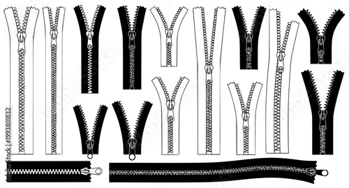 Extensive library of clothing zipper icons and fastener designs for fashion and textile projects featuring various pull styles and track lengths flat vector