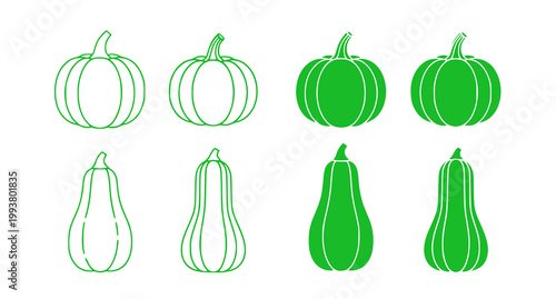 Set of green pumpkin and squash icons for harvest and autumn design projects featuring various vegetable shapes isolated on white background flat vector