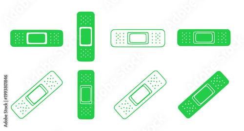 Set of green medical bandage icons for healthcare and wellness design concepts featuring various strip shapes and sizes isolated on white background flat vector