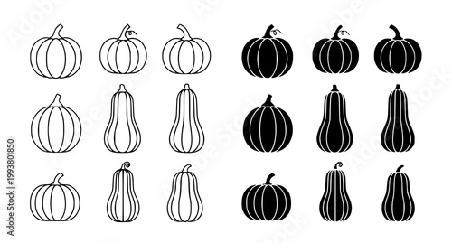 Set of pumpkin icons featuring various squash shapes and styles in both outline and solid black silhouette designs for autumn harvest and thanksgiving holiday graphics