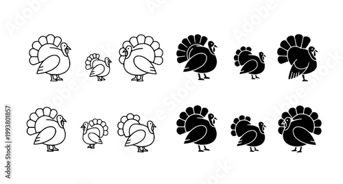Multiple turkey icons displayed in outline and solid black silhouette styles for thanksgiving holiday graphics and autumn seasonal event branding design elements