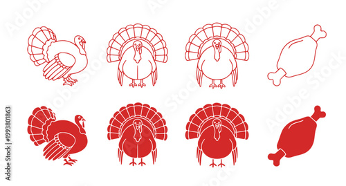 Red turkey icons and roasted bird silhouettes for thanksgiving dinner menus and holiday celebration marketing materials with clean vector design elements and shapes