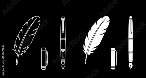 Professional collection of fountain pen and feather quill icons in outline and solid black silhouette designs for creative writing and educational stationery graphics