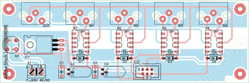 Vector printed circuit board of electronic 
device with components of radio elements, 
conductors and contact pads placed on pcb. 
Engineering technical drawing. Electric background.