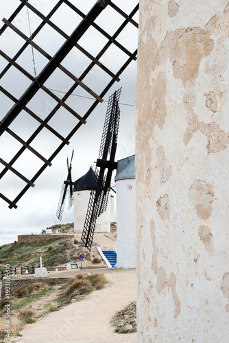 Three traditional windmills in a row. Consuegra, Toledo, Spain