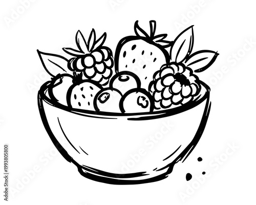 Fresh berry bowl with strawberry, raspberry, blueberry, and healthy fruit nutrition concept for organic food, wellness, diet, vegan menu, and farm market branding, vector illustration.