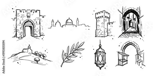 Middle Eastern architecture and cultural heritage sketch set with old city gate, mosque skyline, market archway, lantern, olive branch, and historic travel landmarks, vector illustration.