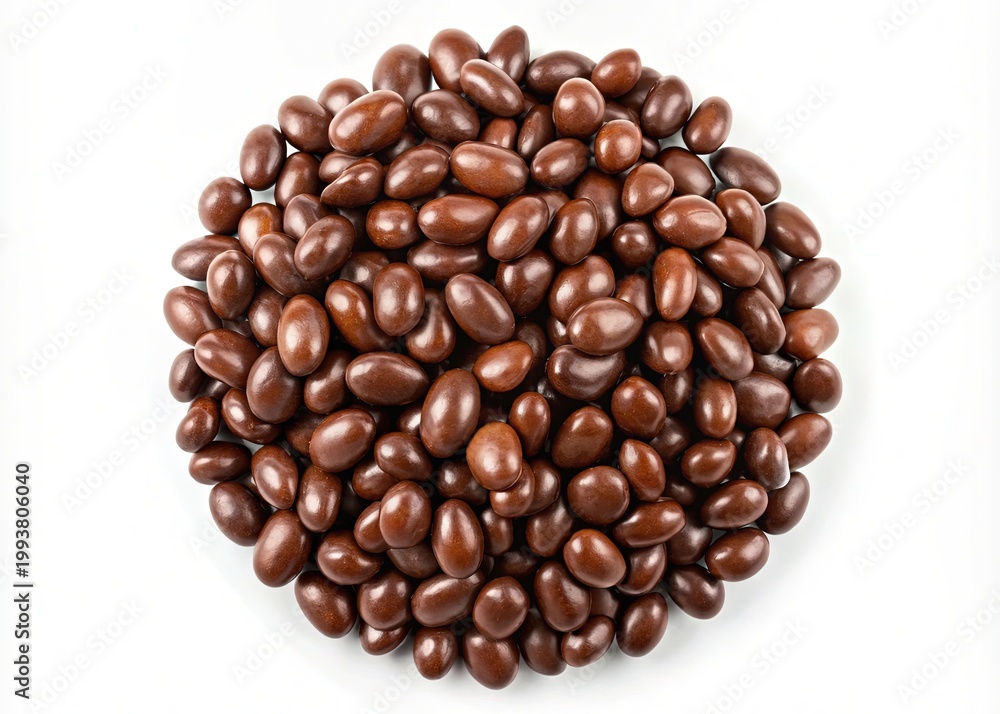 Obraz premium Top-down view of roasted cocoa beans pile isolated on white background