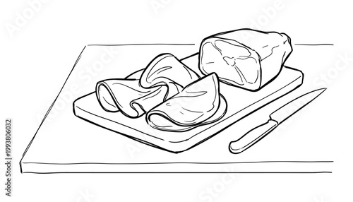 Sliced ham on cutting board with kitchen knife for deli, butcher shop, grocery, restaurant menu, food packaging, and meat product branding, vector illustration.