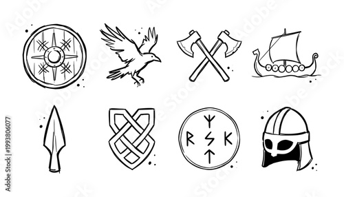 Viking Norse symbol set for mythology, medieval history, warrior culture, game design, tattoo art, and Scandinavian heritage themes, vector illustration.