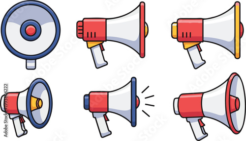 A colorful illustration of various megaphones on a white background for communication and announcement purposes