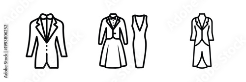 Formal dress code web line icons set suit gown event etiquette tuxedo party fashion web line icons set & more vector illustration on editable stroke