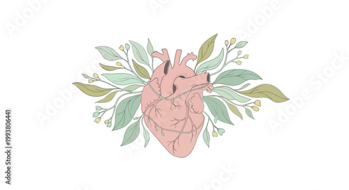 Anatomical Heart with Green Leaves.