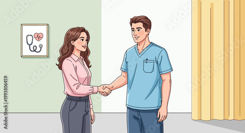 Smiling doctor and patient shaking hands.