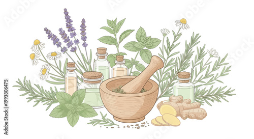 Herbal medicine mortar and pestle setup.