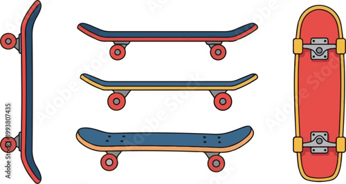 A colorful illustration of skateboards in different views and positions on a white background
