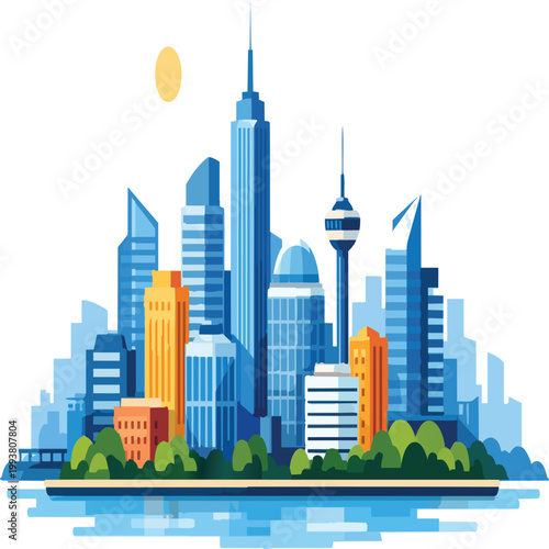 Modern city skyline vector illustration showing urban skyscrapers, downtown buildings, and architecture silhouette landscape of a business town at night or day