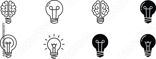 Brain in light bulb icon set. Creative, generating idea, solution , knowledge, lamp