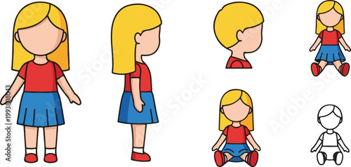 A set of cartoon girl illustrations in various poses and outfits on a white background