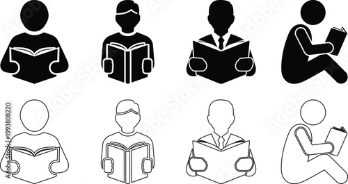 Reading book icon set. Reader, education, learning, learn. Read book symbol  