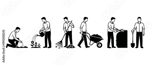 Gardener working process steps icon set, planting and maintenance tasks. Black silhouette characters performing horticultural activities like watering, raking, digging, and pruning for landscaping des