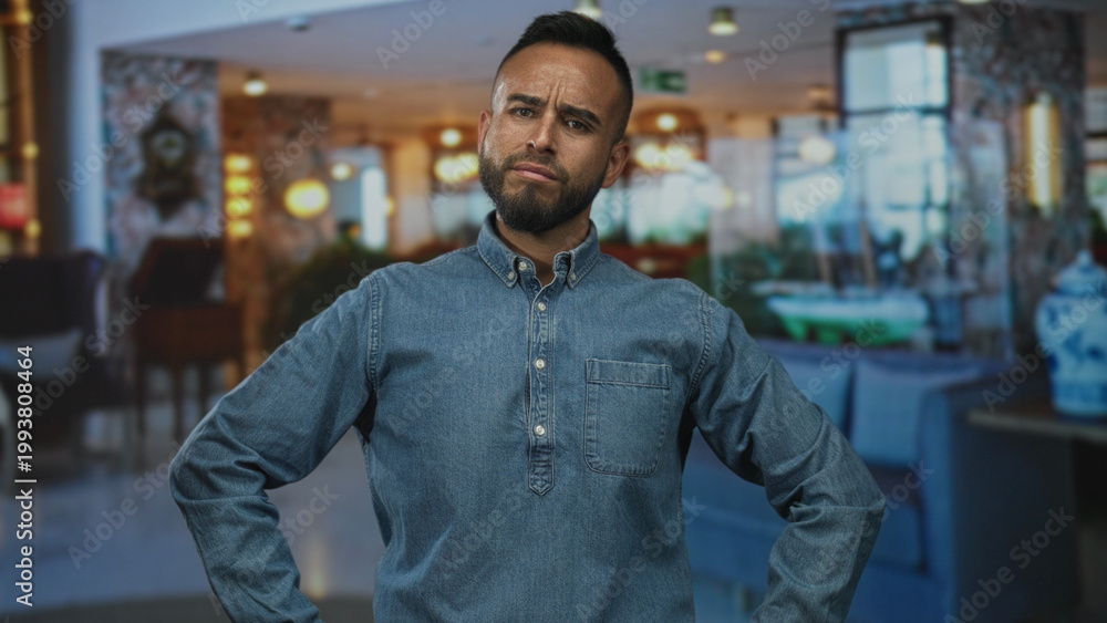 Obraz premium Man with arms akimbo in hotel lobby near reception desk wearing denim shirt and frowning at camera; doubt questioning.