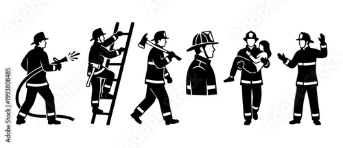 Firefighter icons set silhouette collection, professional rescue team actions, climbing ladder, carrying person and extinguishing fire with hose, vector illustration graphic design elements on white b