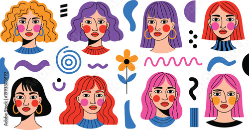 Diverse Women Face Avatar Collection Colorful Hair Abstract Doodle Girl Portrait Set Trendy Flat Cartoon Vector Illustration
