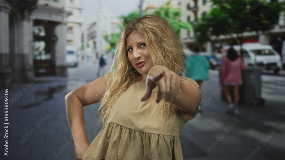 Fototapeta premium Woman points finger at camera on a city street with hand on hip and visible bare hand; playful confidence.