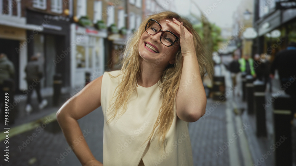 Fototapeta premium Blonde woman smiling with hand on forehead wearing glasses and sleeveless blouse on street near shops and bollards; joy carefree.