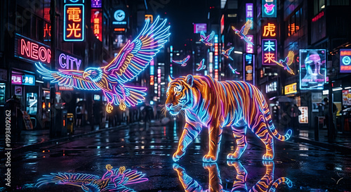 A majestic neon-lit tiger walks along a wet city street while a glowing eagle flies overhead. Vibrant cyberpunk signs and reflections illuminate the dark urban night.