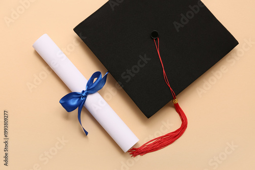 Diploma with blue ribbon an...