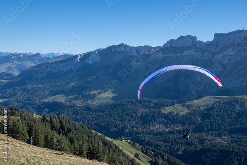 Paragliding over Kronberg in Appenzell Alps, Switzerland – scenic mountain landscape and freedom adventure