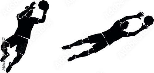 Black silhouettes of soccer goalkeepers jumping