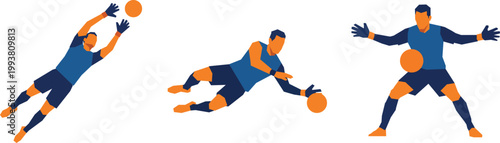 3 Goalkeepers in different actions defending a soccer ball