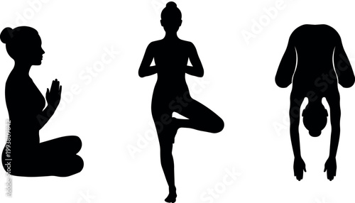 Woman practicing various yoga poses in silhouette