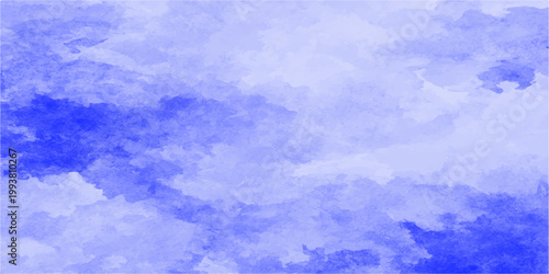 Abstract blue watercolor background features a beautiful light cloudscape with fluffy white clouds in a bright summer sky for an ethereal nature atmosphere