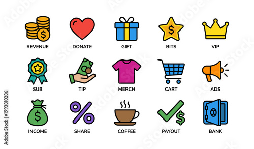 Monetary and donation icons showing revenue and rewards