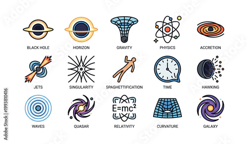 Astrophysics icons representing black holes gravity and space concepts