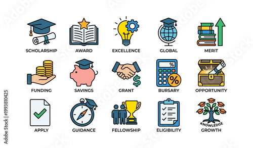 Scholarship and funding icons illustrating awards on white background