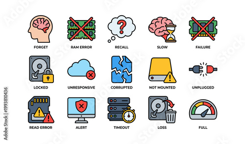 Storage error icons showing failures and warnings on white